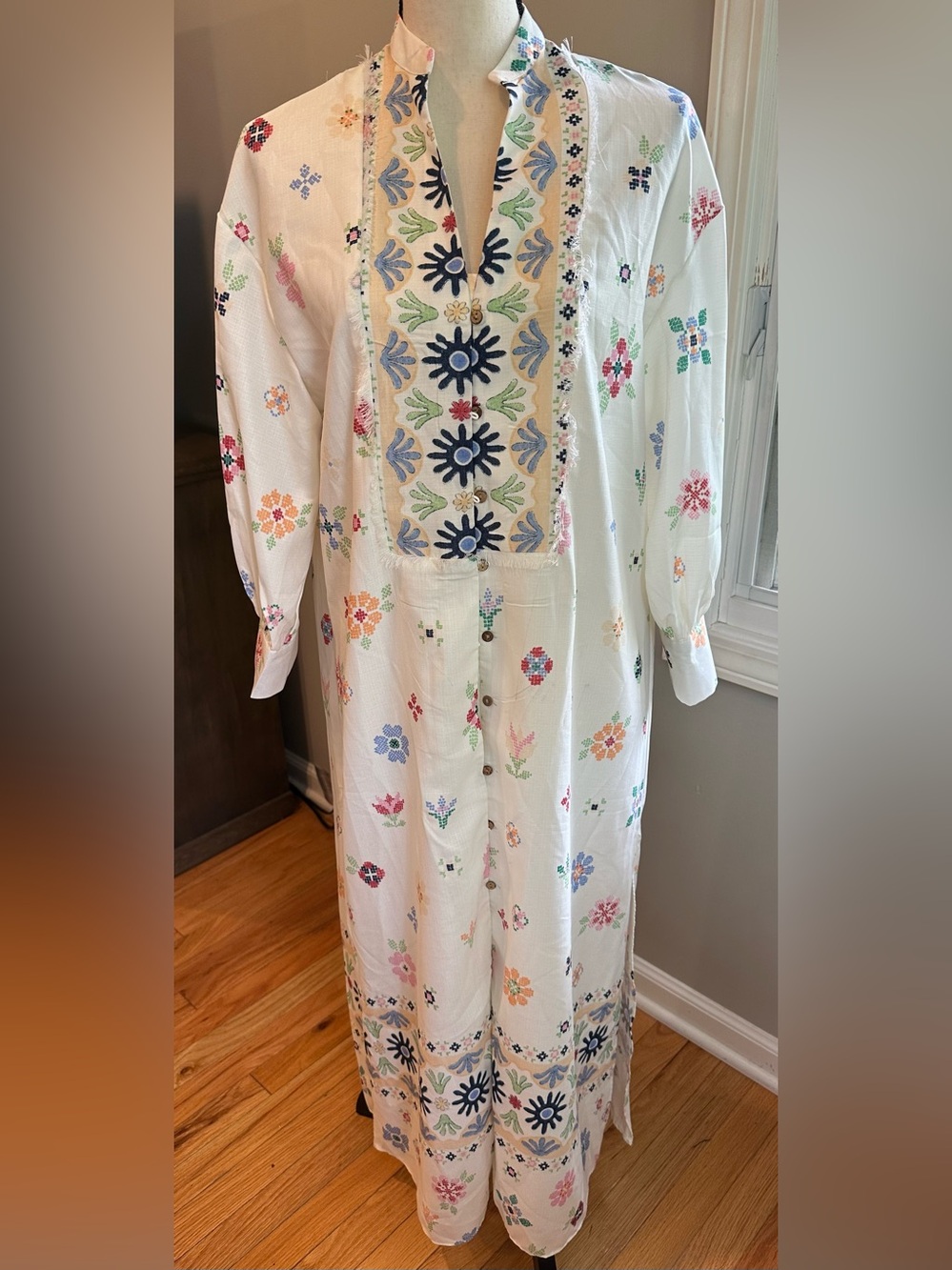 Sunday Up  Oversized Floral Print Button Down Tunic Dress Kaftan Small Boho